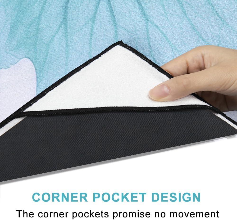 QiyI Large Yoga Mat Towel with Corner Pockets, Non Slip Sweat Absorbent Hot Yoga Towels, Soft Yoga Blankets Skidless Mat Cover for Workout, Gym, Fitness - 74"x26", Pebbles & Blue White Flowers