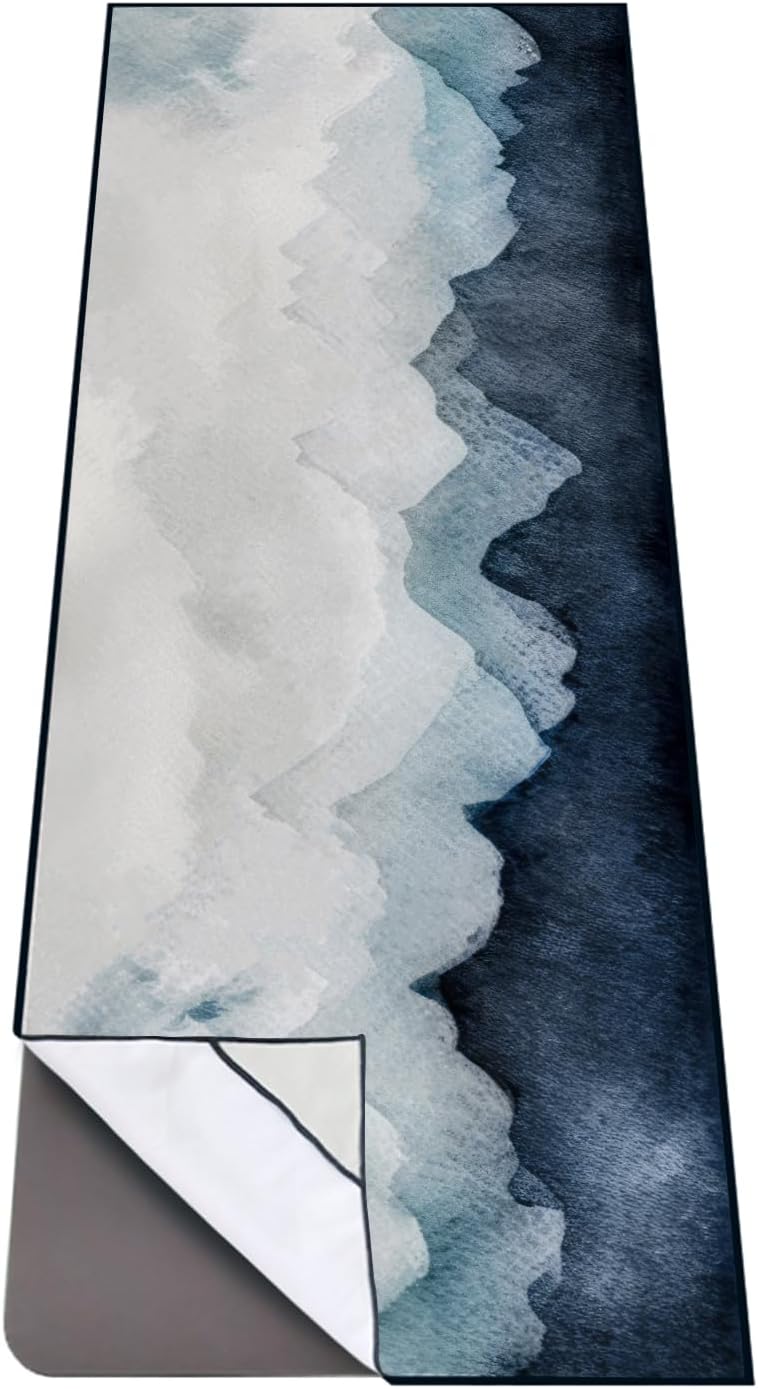 QIYI Large Yoga Mat Towel with Corner Pockets, Non Slip Sweat Absorbent Hot Yoga Towels, Soft Yoga Blankets with Travel Bag, Skidless Mat Cover for Workout, Gym, Fitness - 74"x26", Watercolor Mountain