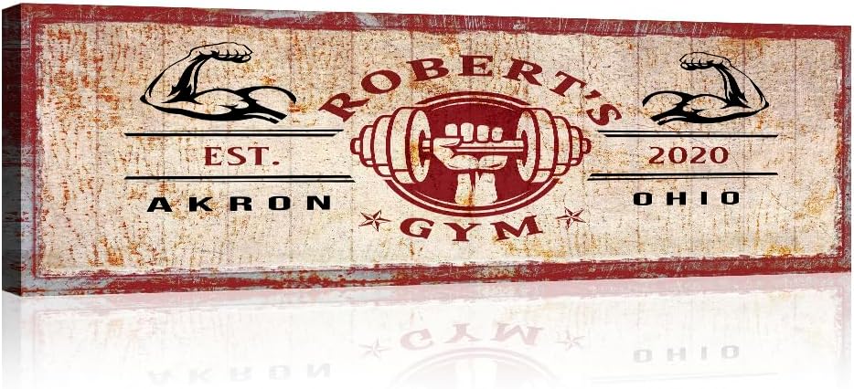 Tailored Canvases Personalized Gym Sign Wall Art Decor - Motivational Canvas for Home Gym, Workout Room, Garage, Fitness Center - Workout Inspirational Posters - One Hand Dumbbell on Rustic Red, 48x16in