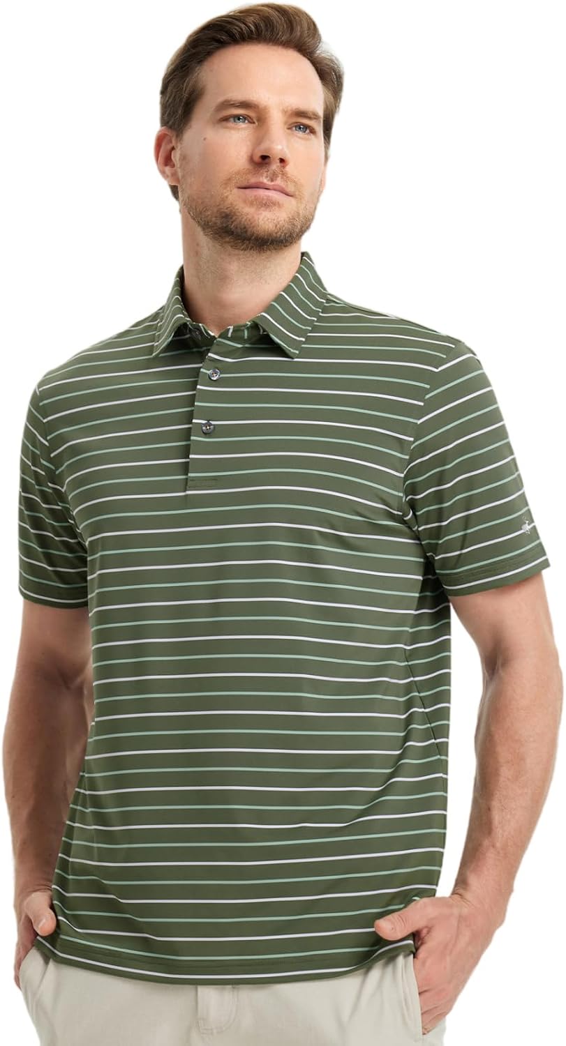 Rouen Mens Golf Shirt Moisture Wicking Dry Fit Performance Stripe Casual Collared Short Sleeve Golf Polo Shirts for Men