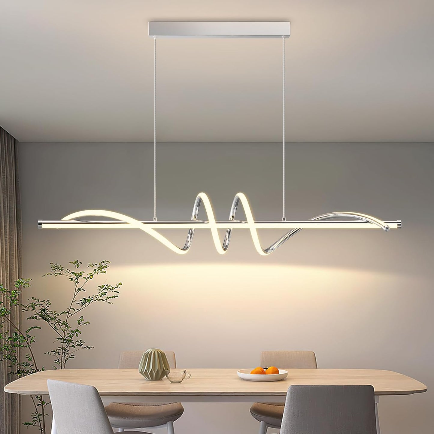 Modern Pendant Light Kitchen Island 39in Dimmable Hanging Lamp 3000k-6000K Adjustable Warm/Nautral/White with Remote Control, Kitchen Island Lighting Chrome Silver