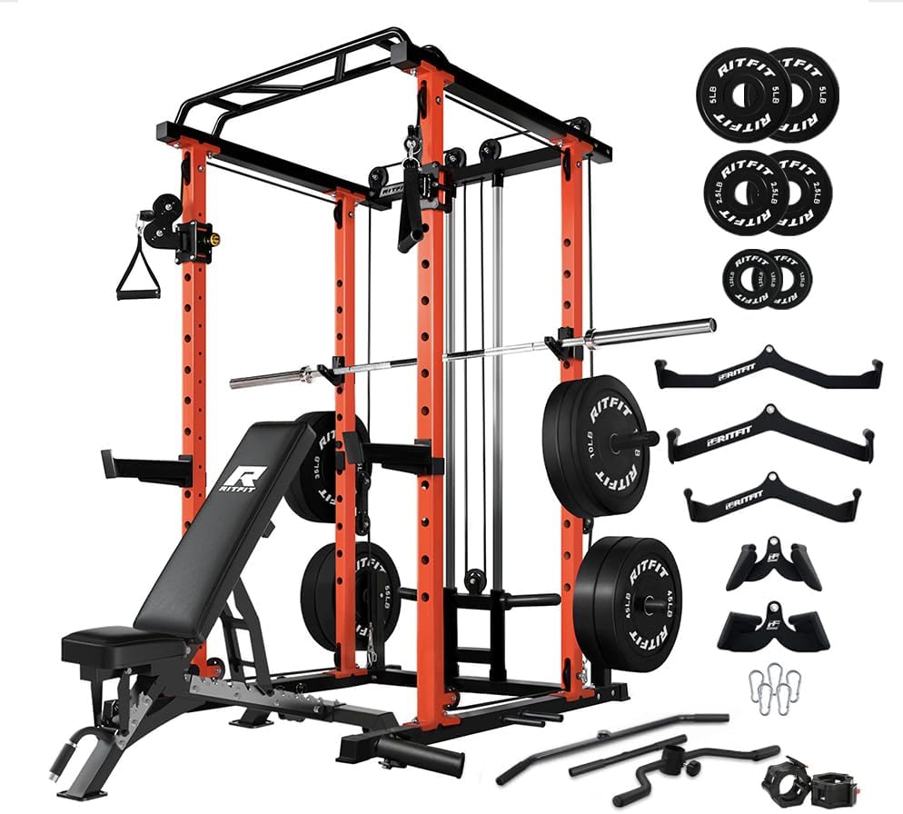 RitFit Multi-Function Squat Rack Power Cage PPC03 with Cable Crossover System, 1000LBS Capacity Power Rack and Packages with Optional Weight Bench, Barbell Weight Set, for Garage Workout & Home Gym