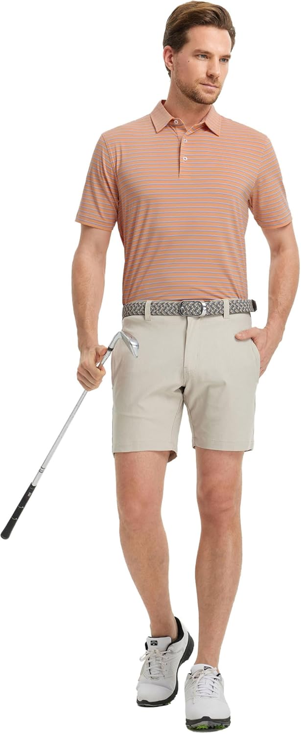 Rouen Mens Polo Shirts Short Sleeve Dry Fit Performance Moisture Wicking Causal Striped Polo Collared Golf Shirts for Men
