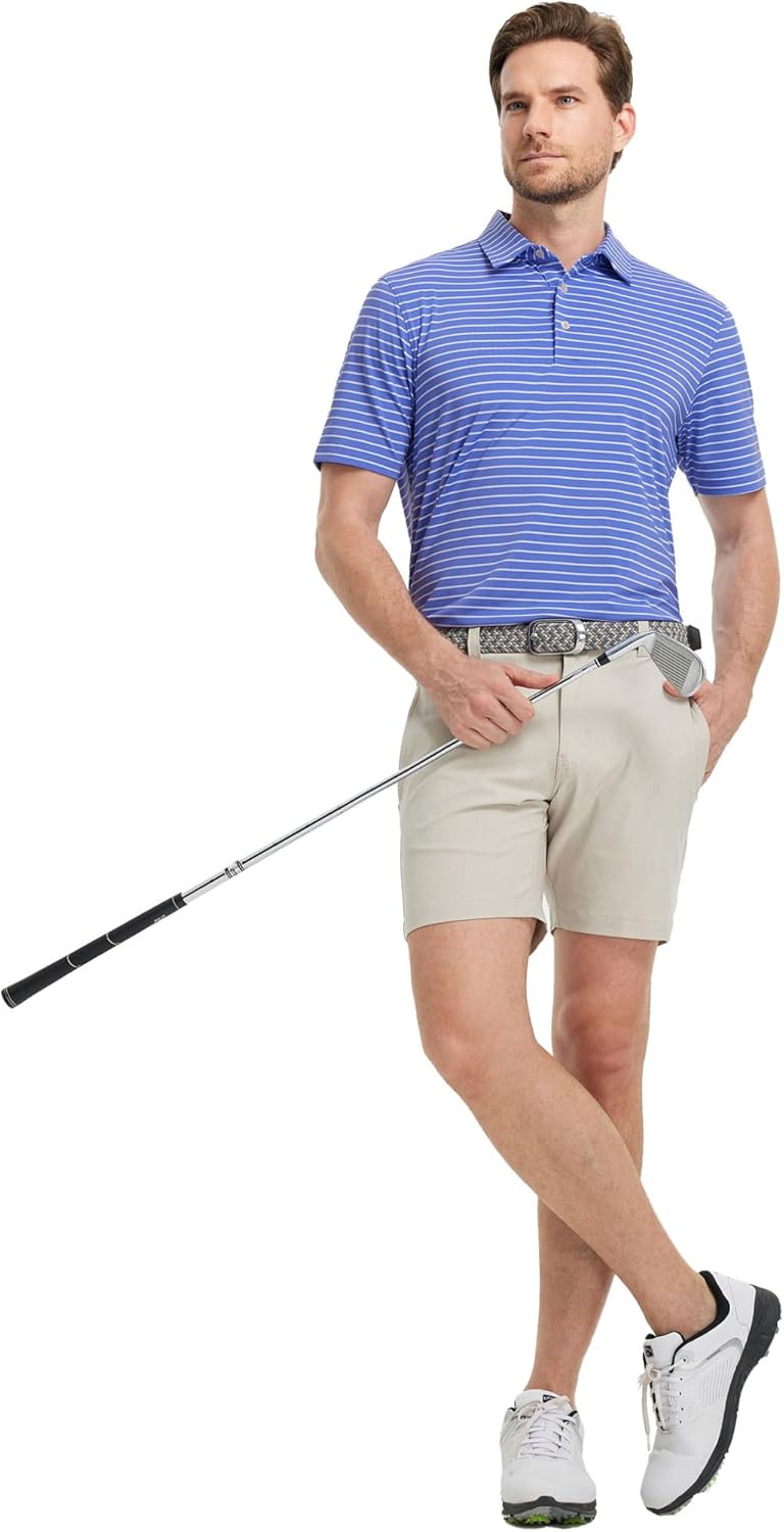 Rouen Mens Polo Shirts Short Sleeve Dry Fit Performance Moisture Wicking Causal Striped Polo Collared Golf Shirts for Men