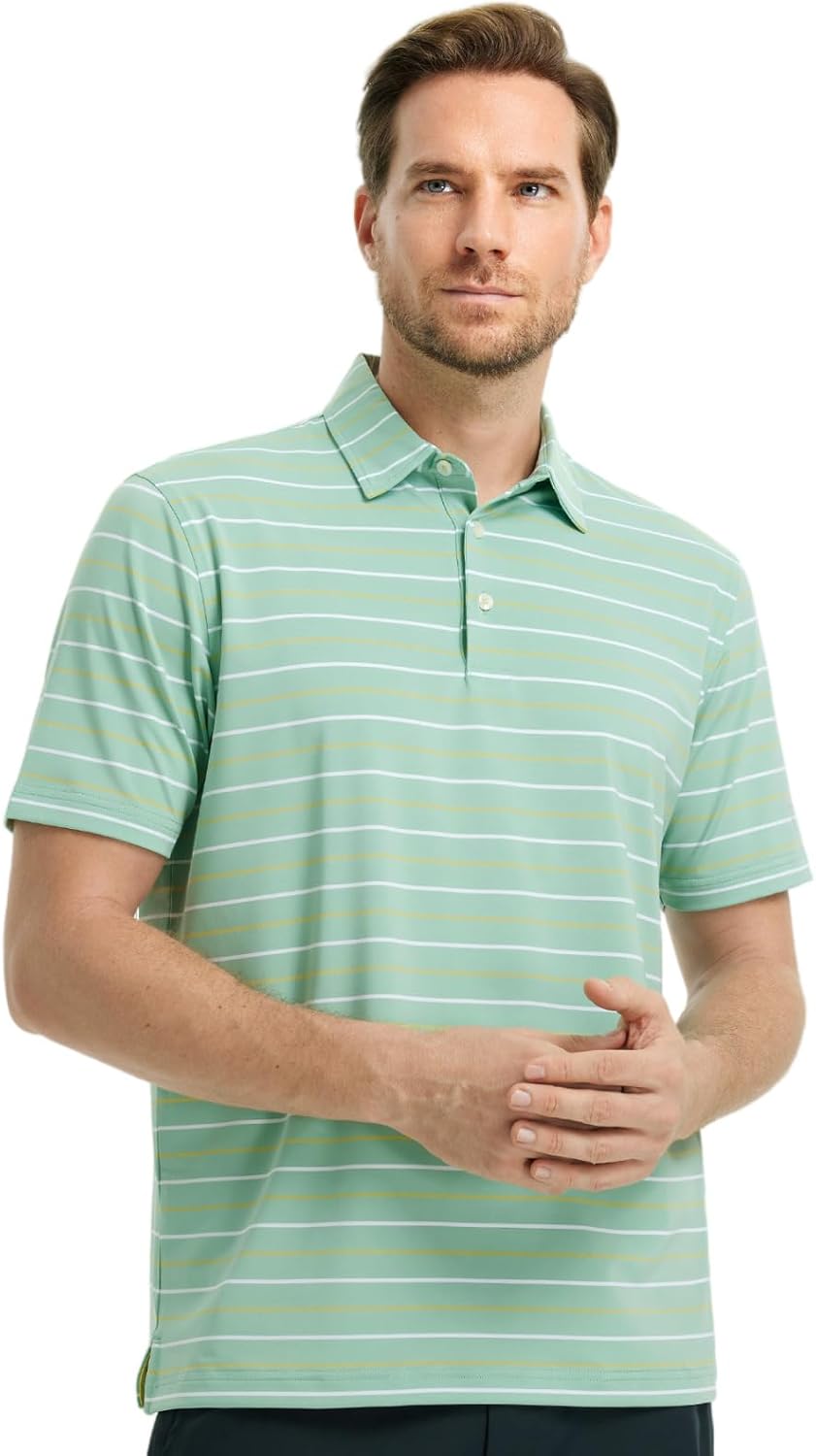 Rouen Mens Golf Shirt Moisture Wicking Dry Fit Performance Stripe Casual Collared Short Sleeve Golf Polo Shirts for Men