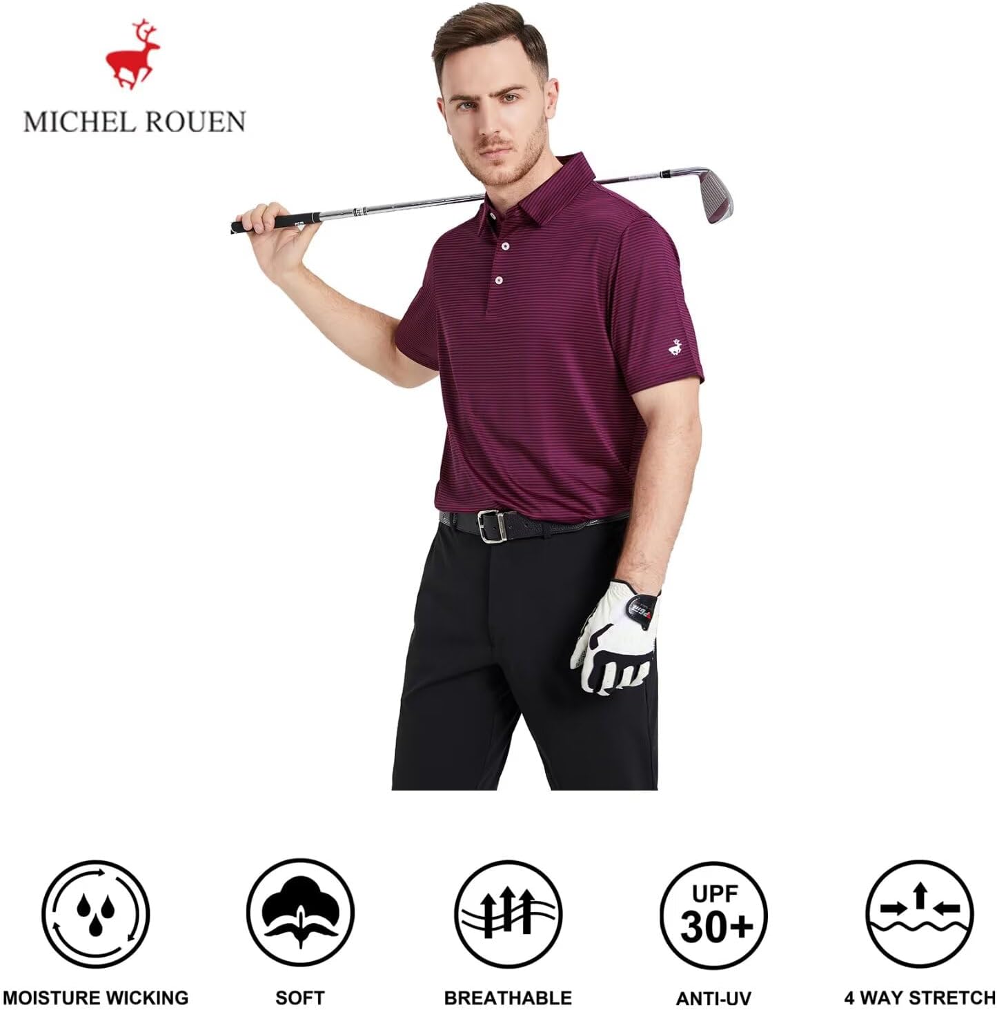 Mens Golf Shirt Moisture Wicking Dry Fit Performance Sport Short Sleeve Striped Golf Polo Shirts for Men