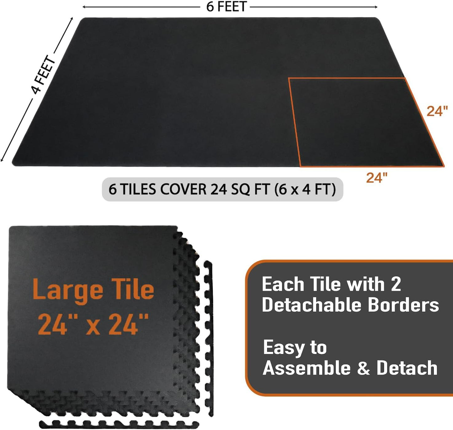 AIRHOP 0.56in Thick 24 Sq Ft Exercise Equipment Mats, 6 Tiles Upgraded Rubber Top with High Density EVA Foam, Large Interlocking Puzzle Gym Flooring for Home Gym, Heavy Weight Workout,Black