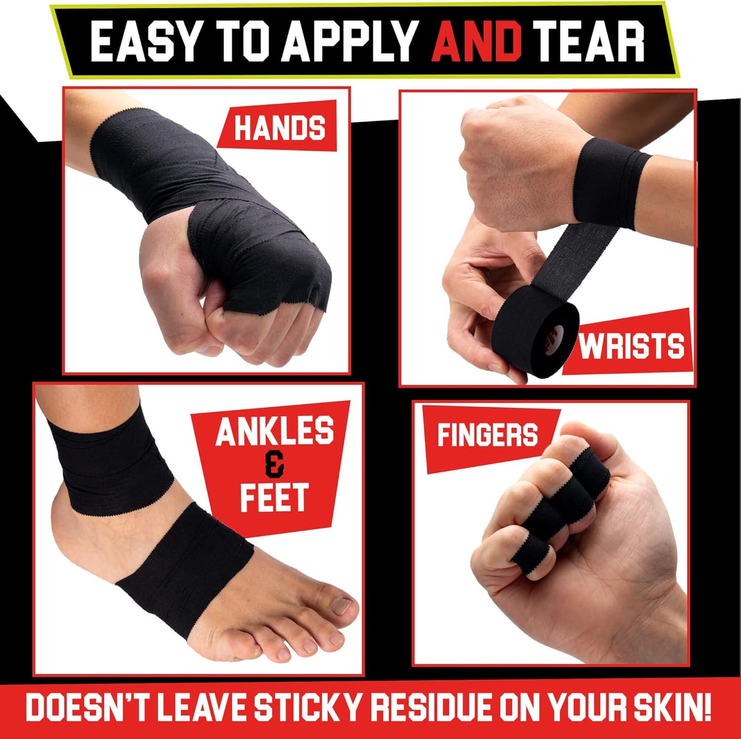 Black Athletic Tape Extremely Strong: 3 Rolls + 1 Finger Roll. Easy to Apply & No Residue. Sports Tape Athletic for Boxing Football Climbing or Gymnastics for Wrist Ankle & Hand Protection