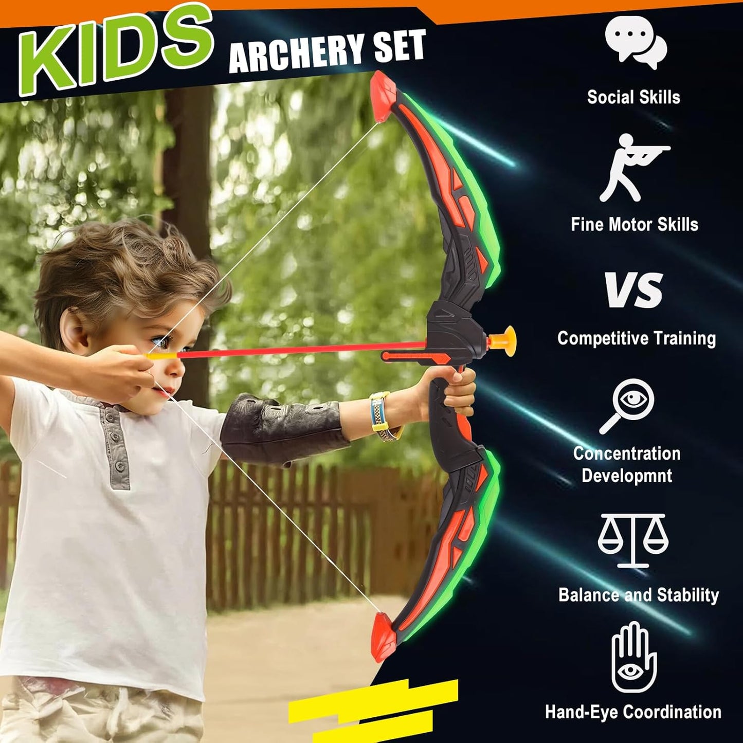 2 Pack Bow and Arrow for Kids Sports and Outdoor Play Toys Archery Set with LED Light Up 16 Arrows 1 Standing Target 2 Quiver Indoor Outdoors Toy for Age 4-12 Year Old Boy Girl Gift