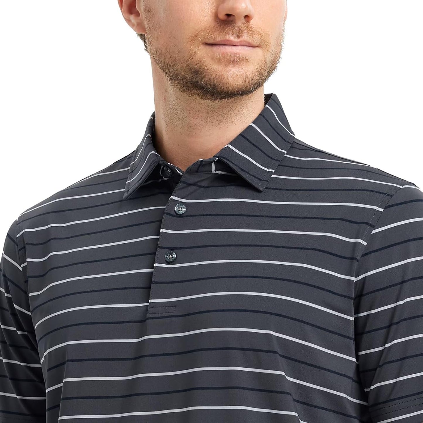 Rouen Mens Golf Shirt Moisture Wicking Dry Fit Performance Stripe Casual Collared Short Sleeve Golf Polo Shirts for Men