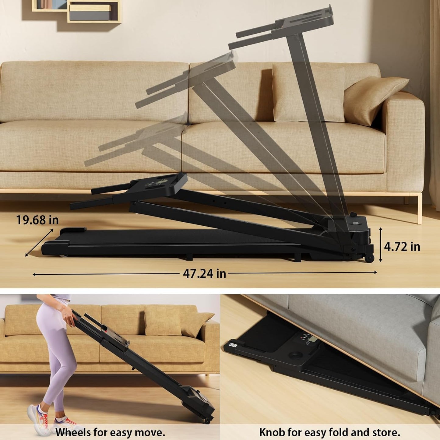 Portable Foldable Treadmills for Home, Small Folding Treadmill for Home Office with 300 LBS Capacity, Walking Running Exercise Electric Compact Treadmill with LED Display