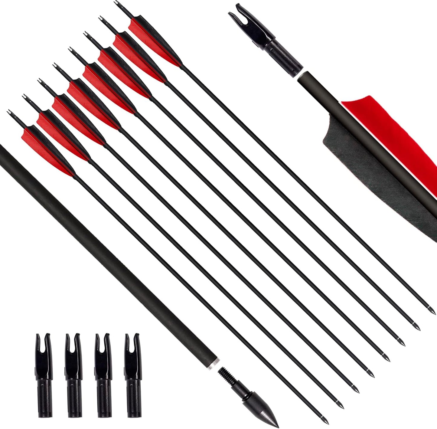31Inch Carbon Arrows, Targeting Practice Hunting Arrow, Turkey Feather Fletching Arrow, with Removable Tips and nocks for Recurve & Compound Bow