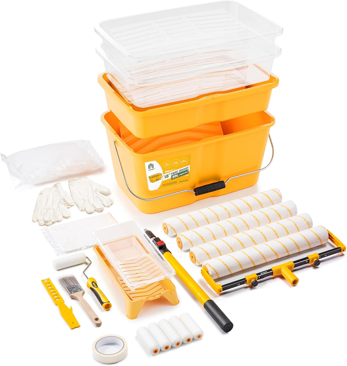 VOOMEY 28PC 18 Inch Paint Roller Kit, Paint Bucket,18" Paint Tray, 4 Inch Foam Paint Roller with 40 Inch Extension Pole,Ideal for Fast Large Area Painting Room and Small Area Detail Painting