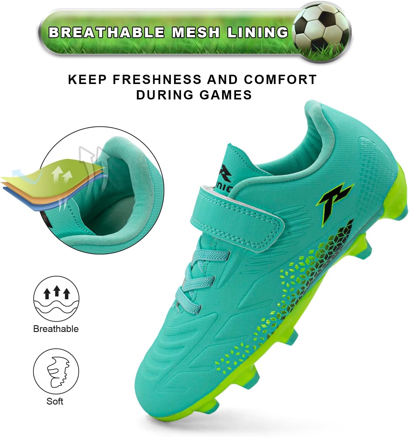 RUNIC Kids Soccer Cleats for Boys and Girls - Small and Big Kid Athletic Outdoor Football Shoes - Firm Ground - Hook and Loop Closure - Black/Gold