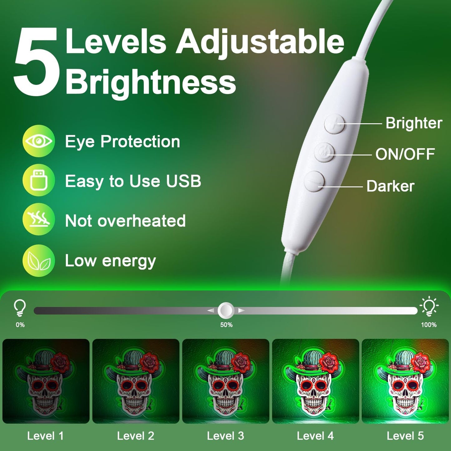 Day of the Dead Neon Sign - Mexican Sugar Skull LED Neon Light for Home & Bar Decor,UV Printed Art with Flexible LED Strip,Halloween & Día de Muertos Party Decoration（green)