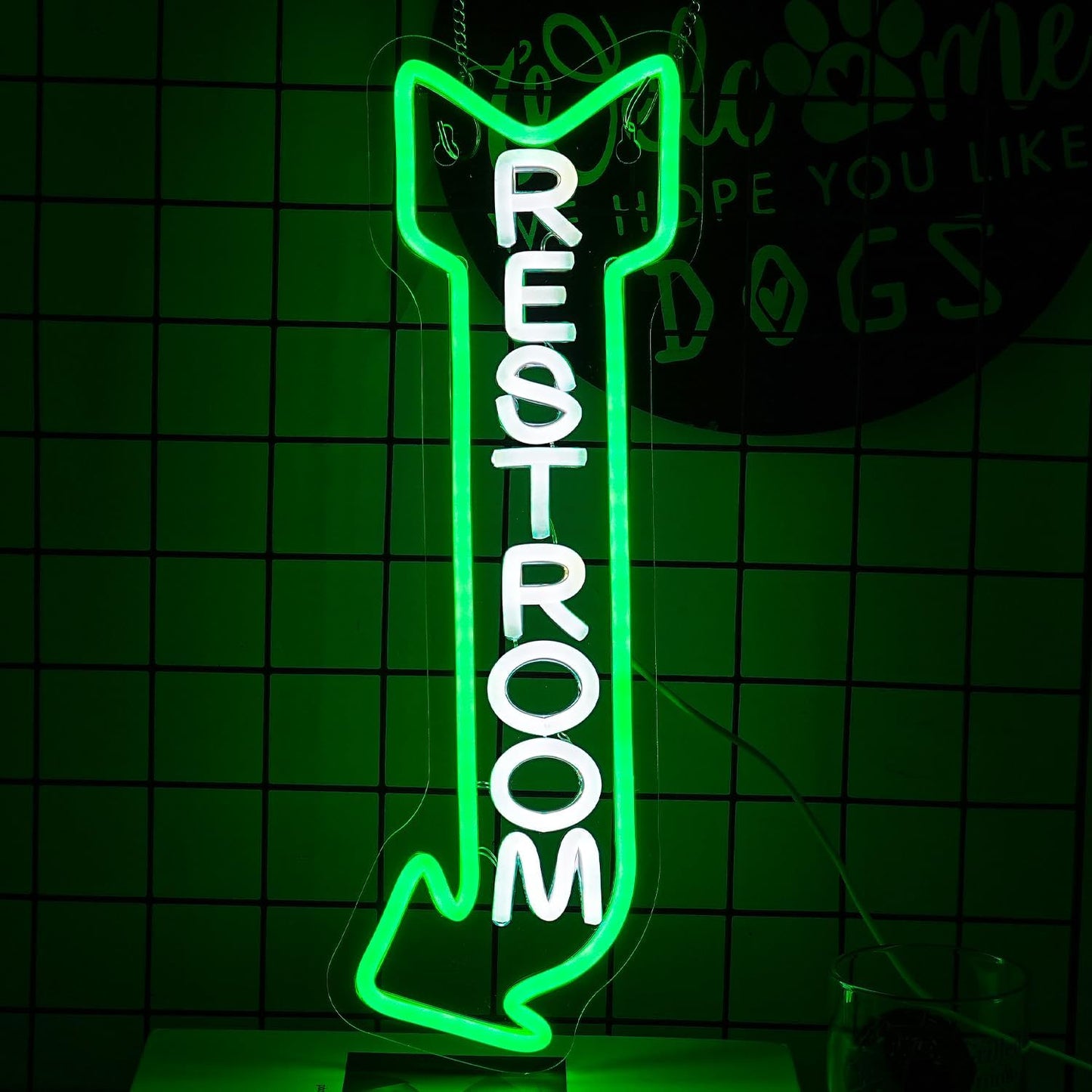 Restroom Neon Sign for Wall Decor Toilet Neon Light Arrow Led Neon Lights White Green Led Neon Signs for Hotel Bar Hospital Mall Store Office Decoration(16.9”*6.3”)