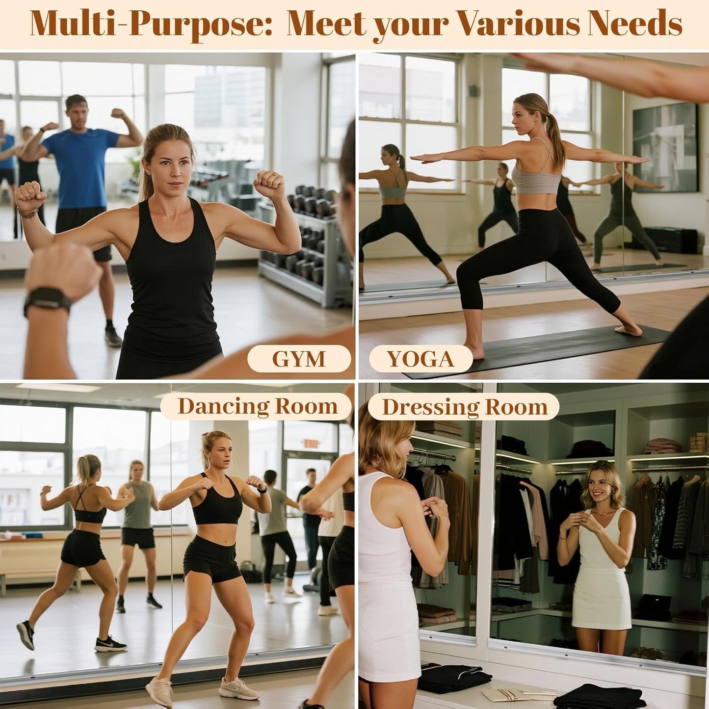 Home Gym Mirror - 2 PCS 24×48 inches, Large Wall Mounted Frameless Full Length Body Mirror for Dancing Studio, Exercise, Fineness, Yoga, Tempered Glass