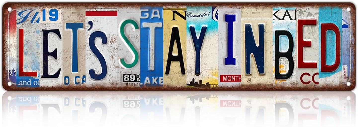 Vintage Let's Stay In Bed Wall Decor Bedroom Street Signs Metal Tin Signs 16 x 4 Inches
