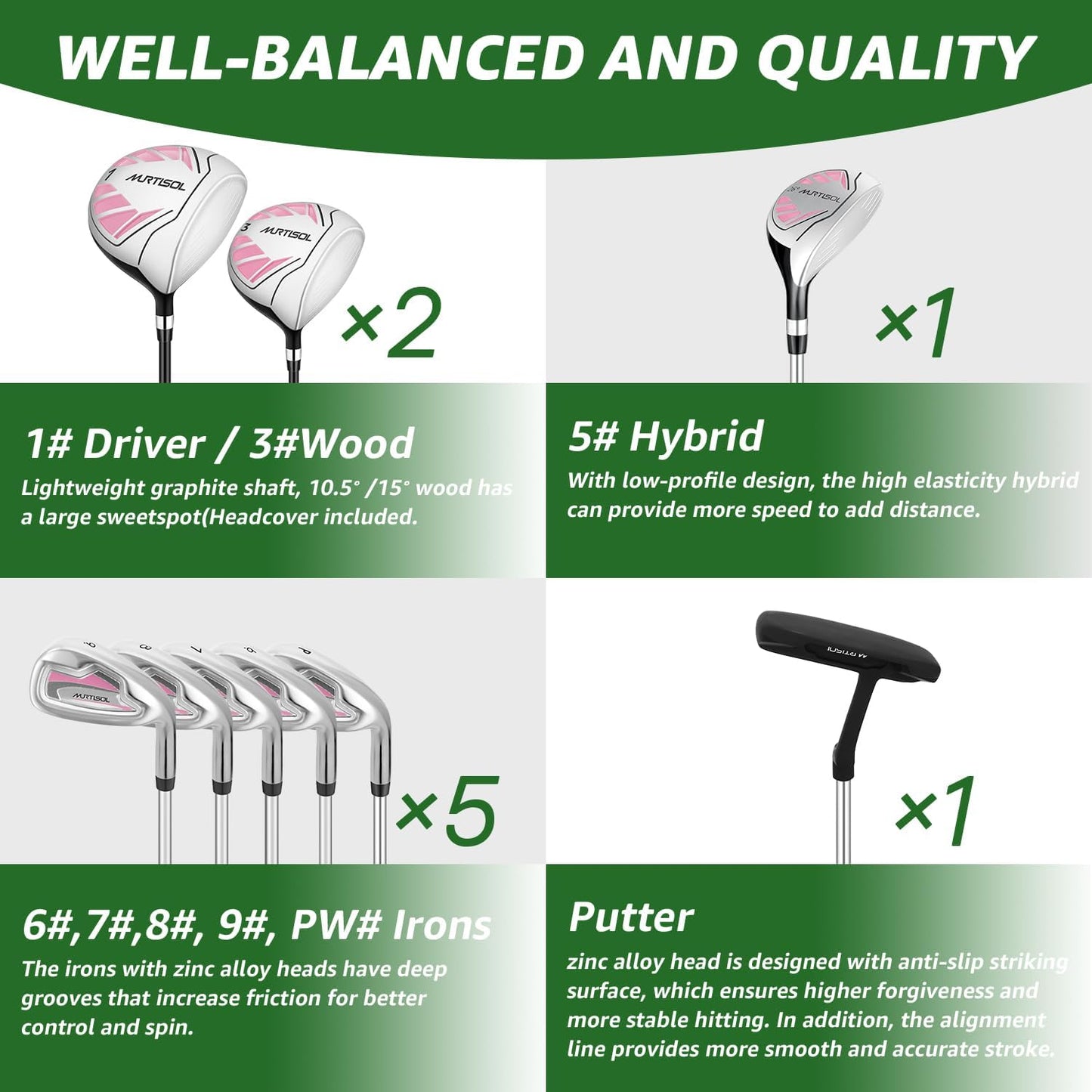 10 Pieces Complete Mens Womens Golf Clubs Set Right Hand for Men Women Includes Stand Bag with Rain Hood, 1#Driver 3#Wood #5 Hybrid,with 3 Head Covers, 6# 7# 8# 9# PW# Irons and Putter