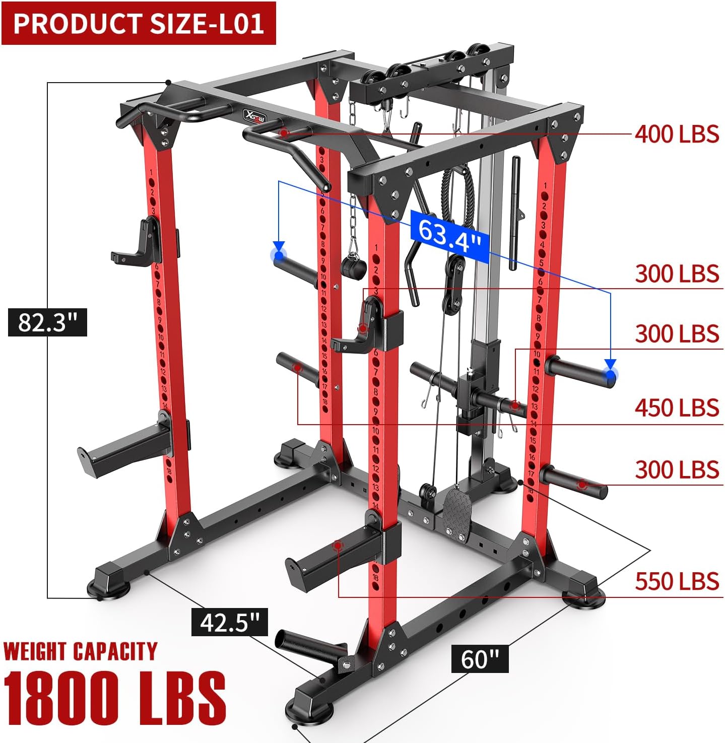 Power Rack Power Cages Multi-Function Squat Rack with Cable Crossover System Selectable More Training Attachment Weight Cage for Garage & Home Gym