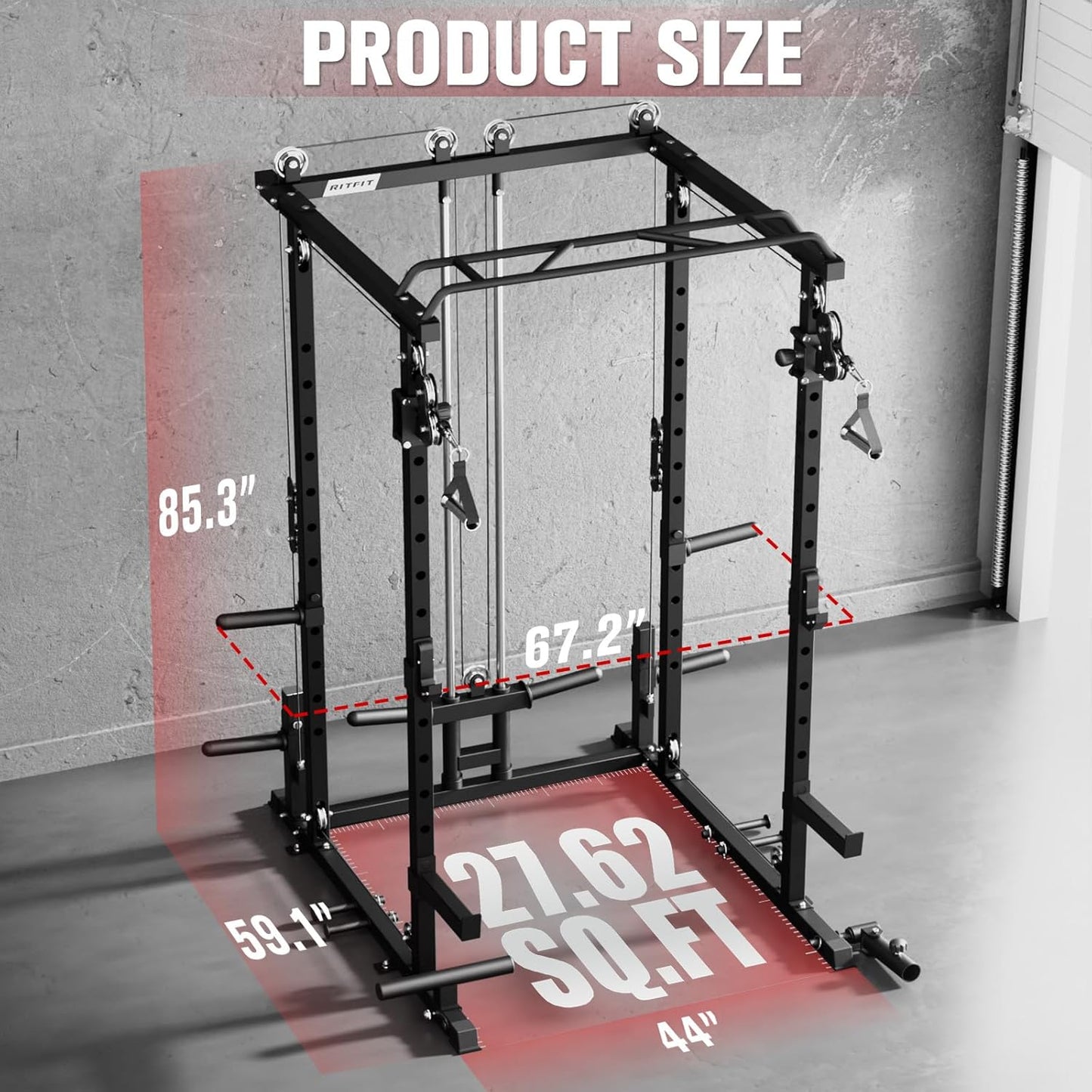 RitFit Power Cage with Optional LAT PullDown/Cable Crossover, 1000LB Squat Rack for Home & Garage Gym, with Weight Storage Rack and More Training Attachments, ASTM-Certified