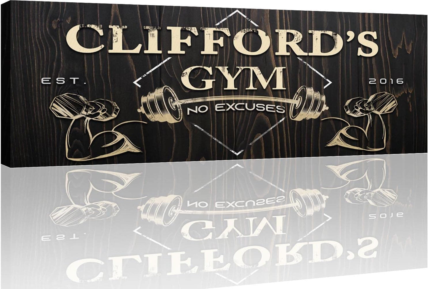 Tailored Canvases Personalized Gym Sign Wall Art Decor - Motivational Canvas for Home Gym, Workout Room, Garage, Fitness Center - Workout Inspirational Posters - Gym Name on Wooden Background, 36x12in
