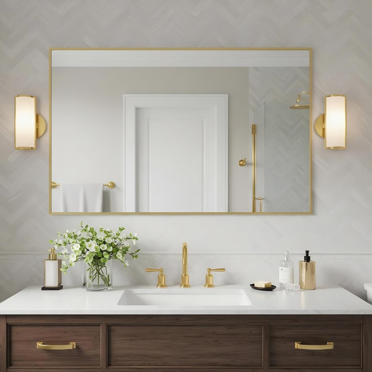 20x40 Inch Brass Bathroom Mirror for Wall, Aluminum Frame Rectangle Rectangular Vanity Mirror, Modern Large for Bedroom, Living Room, Horizontal or Vertical