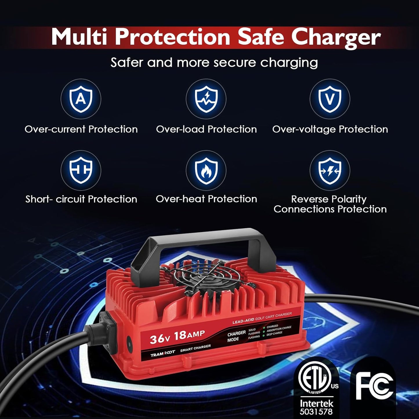 18 Amp Golf Cart Charger for 36 Volt Club Car, EZGO & Yamaha Lead Acid Battery with Upgraded Crowfoot Plug