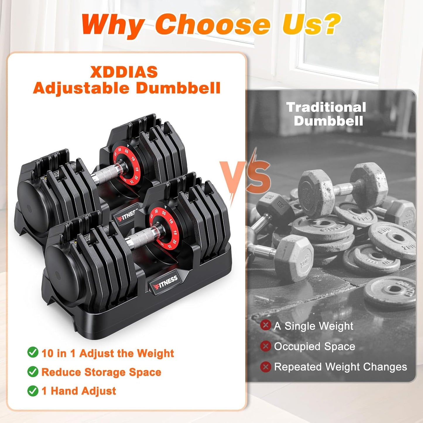 XDDIAS Adjustable Dumbbell Set of 2-25LB/55LB Set-1Sec Adjustable Dumbbell Weights-5 in 1 Free Weights Dumbbells Set with Effortless Tray/No-Slip Handle-Compact Size for Women/Men at Home Gym