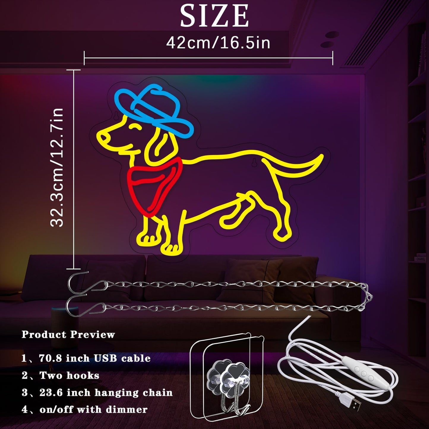Dachshund Neon Sign for Wall Decor Cowboy Hat Neon Light Dog LED Neon Sign Colorful Neon Lights for Bedroom Zoo Pet Shop Decoration