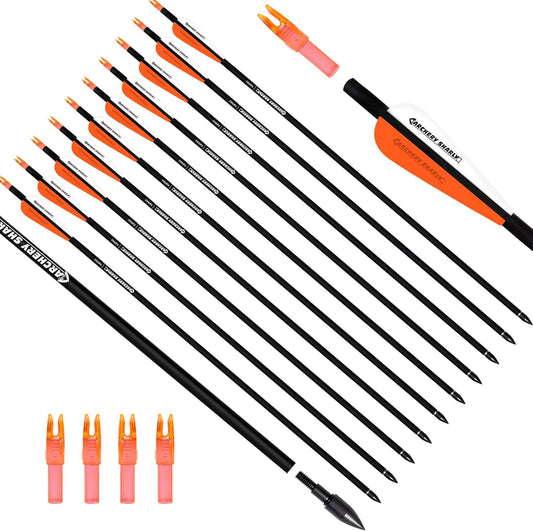 30Inch Carbon Hunting Arrow Targeting Practice Arrows with Removable Tips and Adjustable Nocks for Compound & Recurve Bow (Pack of 12)