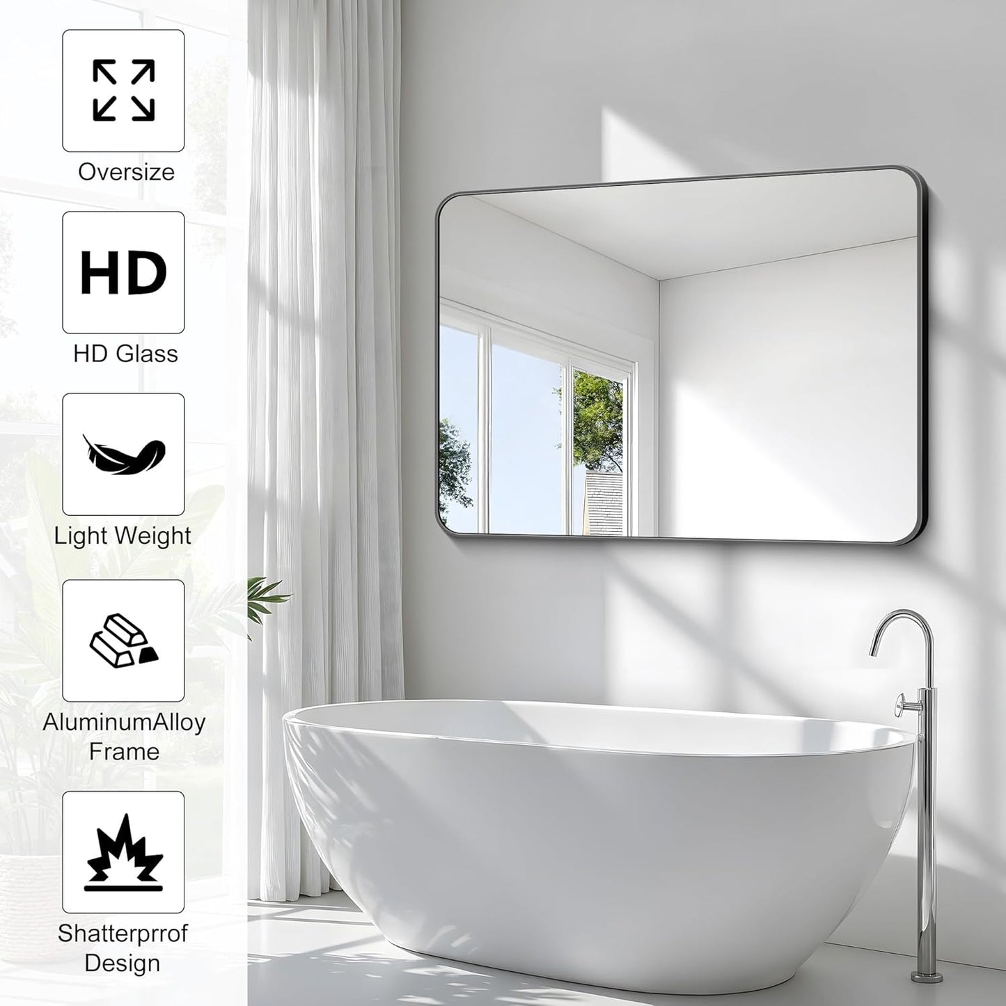 36x48 inch Bathroom Mirror,Black Rectangle Mirror,Wall Mounted Bathroom Frame Vanity Mirror with Round Corner for Bedroom Living Room, Entryway Hangs Horizontal or Vertical