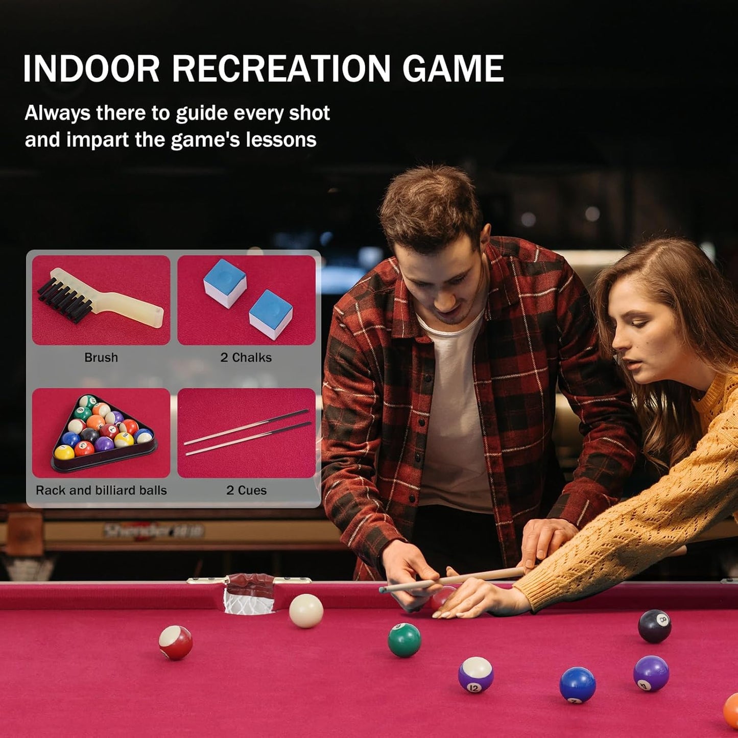 54" Portable Pool Table - Billiard Table for Kids & Adults with 2 Cues, Triangle Rack, Chalk & Brush - Compact Wooden Game Table for Home, Game Room, Indoor & Outdoor