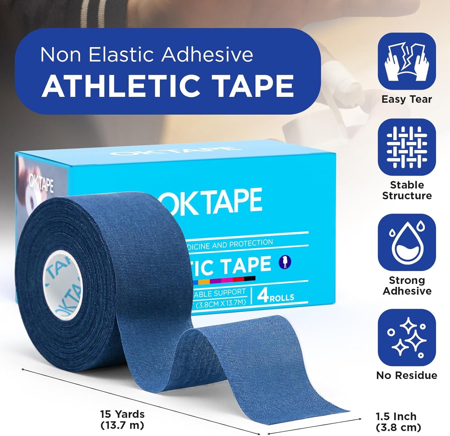 OK TAPE 4 Rolls Athletic Tape, Sports Tape, Very Strong Easy Tear Wrist Ankle Tape, No Sticky Residue | Athletes, Medical, Athletic Trainers- 1.5inch x 15yards (Blue)