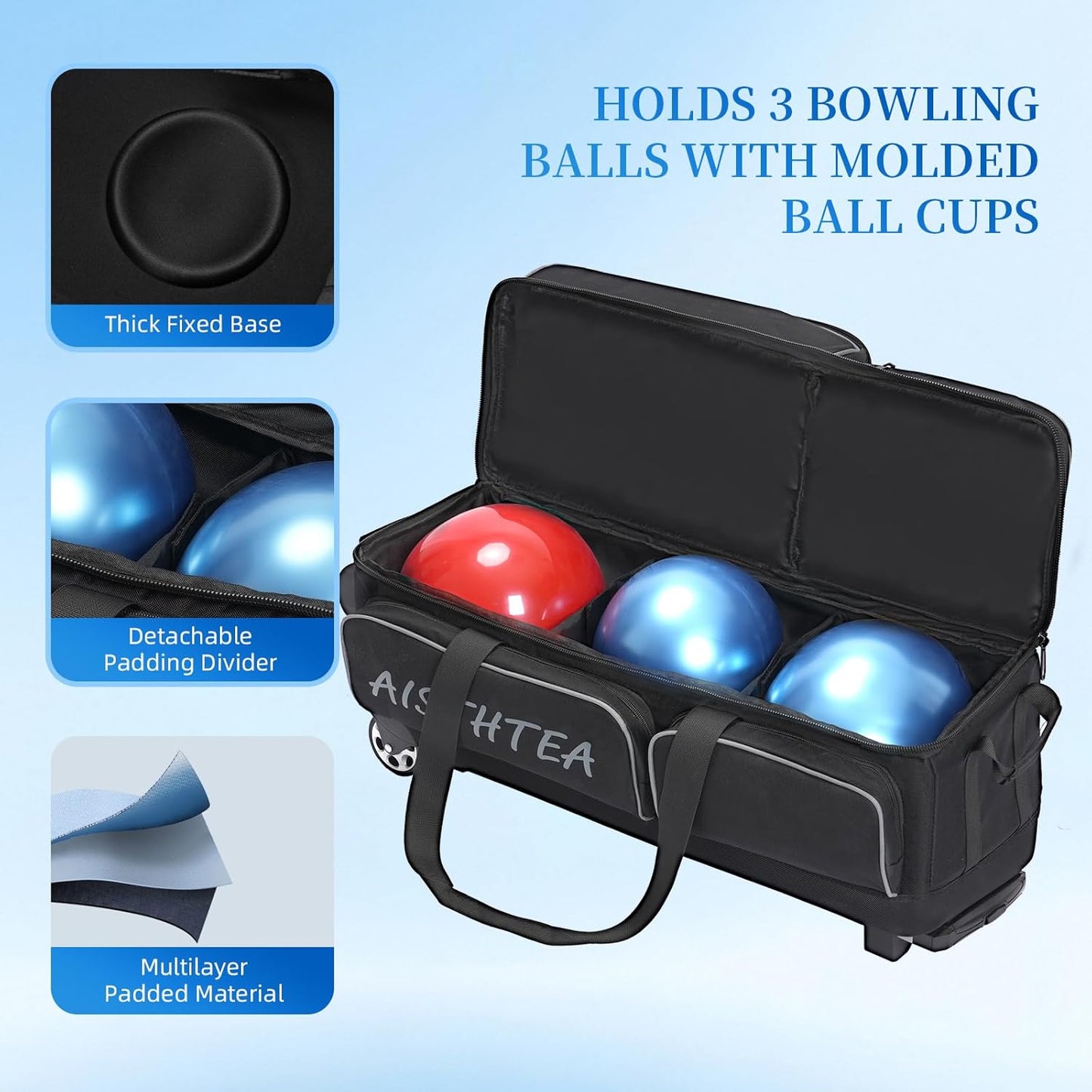 2-3 Ball Bowling Bag with Wheels, Rolling Trolley Bowling Bags with Large Separate Shoe Compartment and Oversized Accessory Pocket