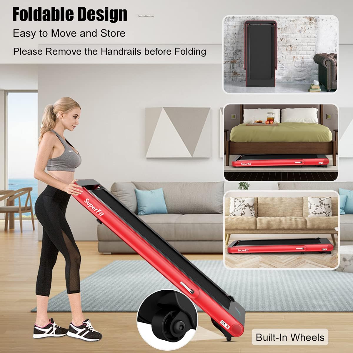 GYMAX Walking Pad, 4.75HP Under Desk Treadmill with LED Touch Screen, App Control, Built-in Speaker & Handle, 2 in 1 Folding Compact Portable Treadmill for Home Small Space