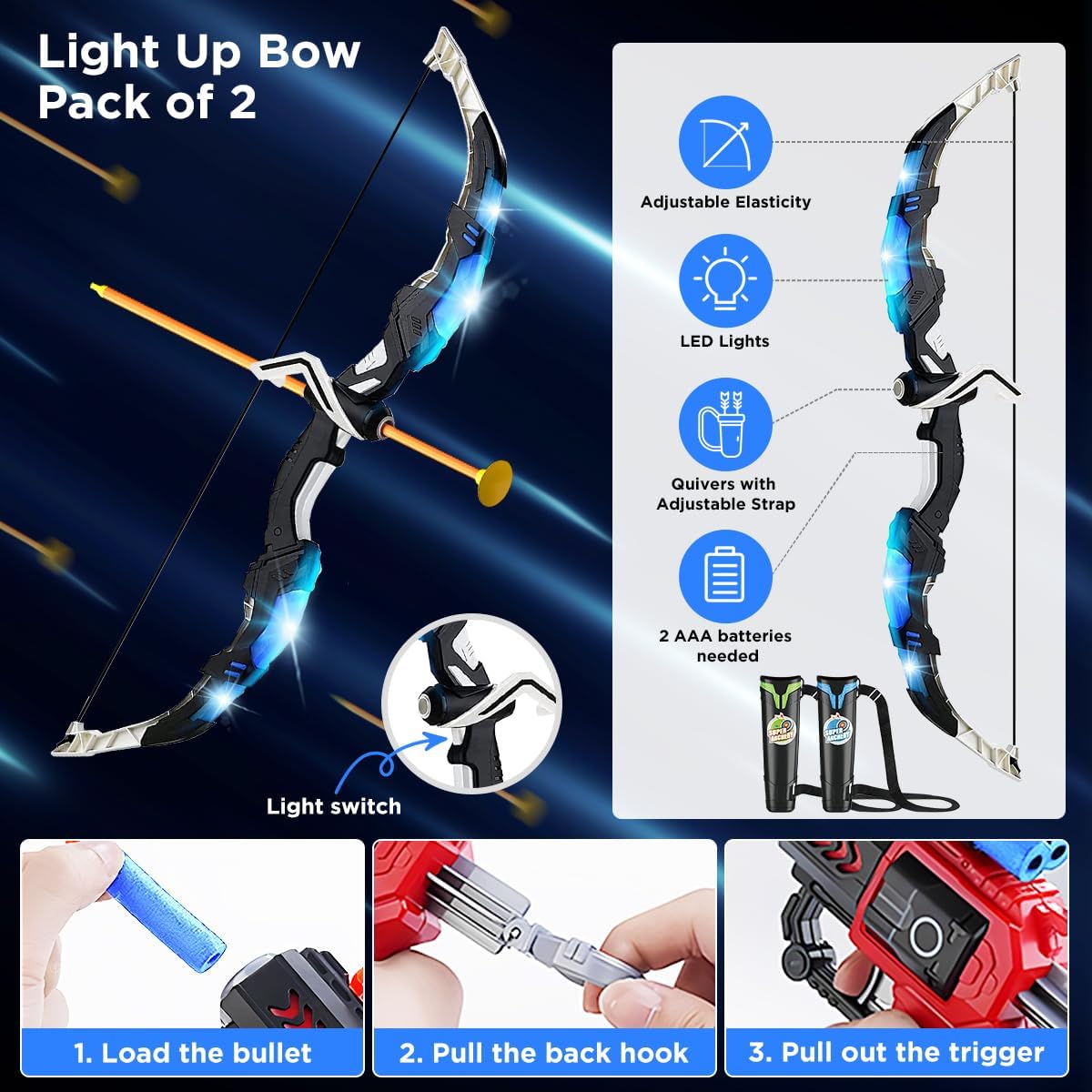 VATOS 2 Pack Bow and Arrow Toy for 5 6 7 8 9 10 11 Year Old Boys Girls, Light Up Archery Toy with Cup Suction Standing Target & 29 in Dart Board, Indoor Outdoor Activity Toys Birthday