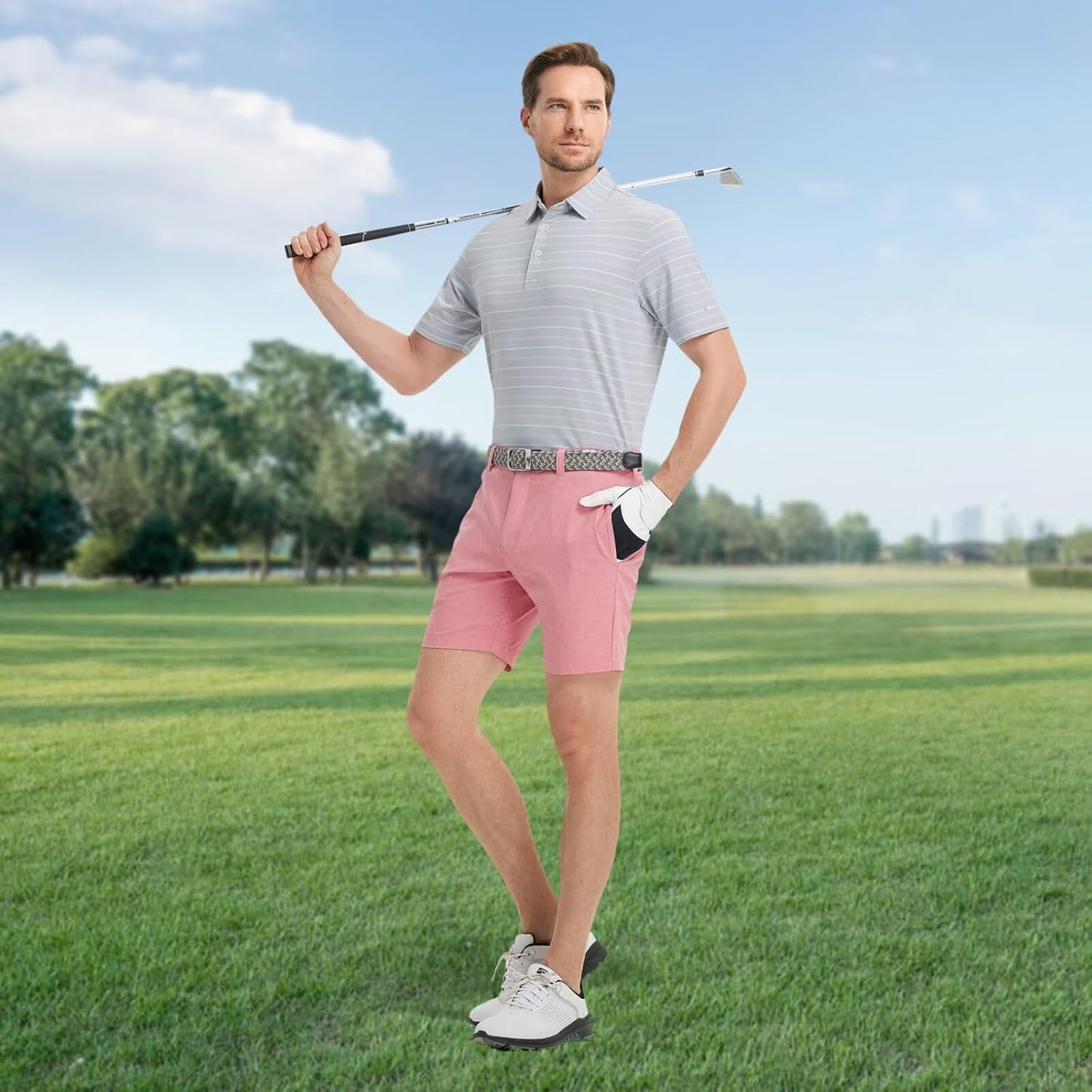 Rouen Mens Golf Shirt Moisture Wicking Dry Fit Performance Stripe Casual Collared Short Sleeve Golf Polo Shirts for Men