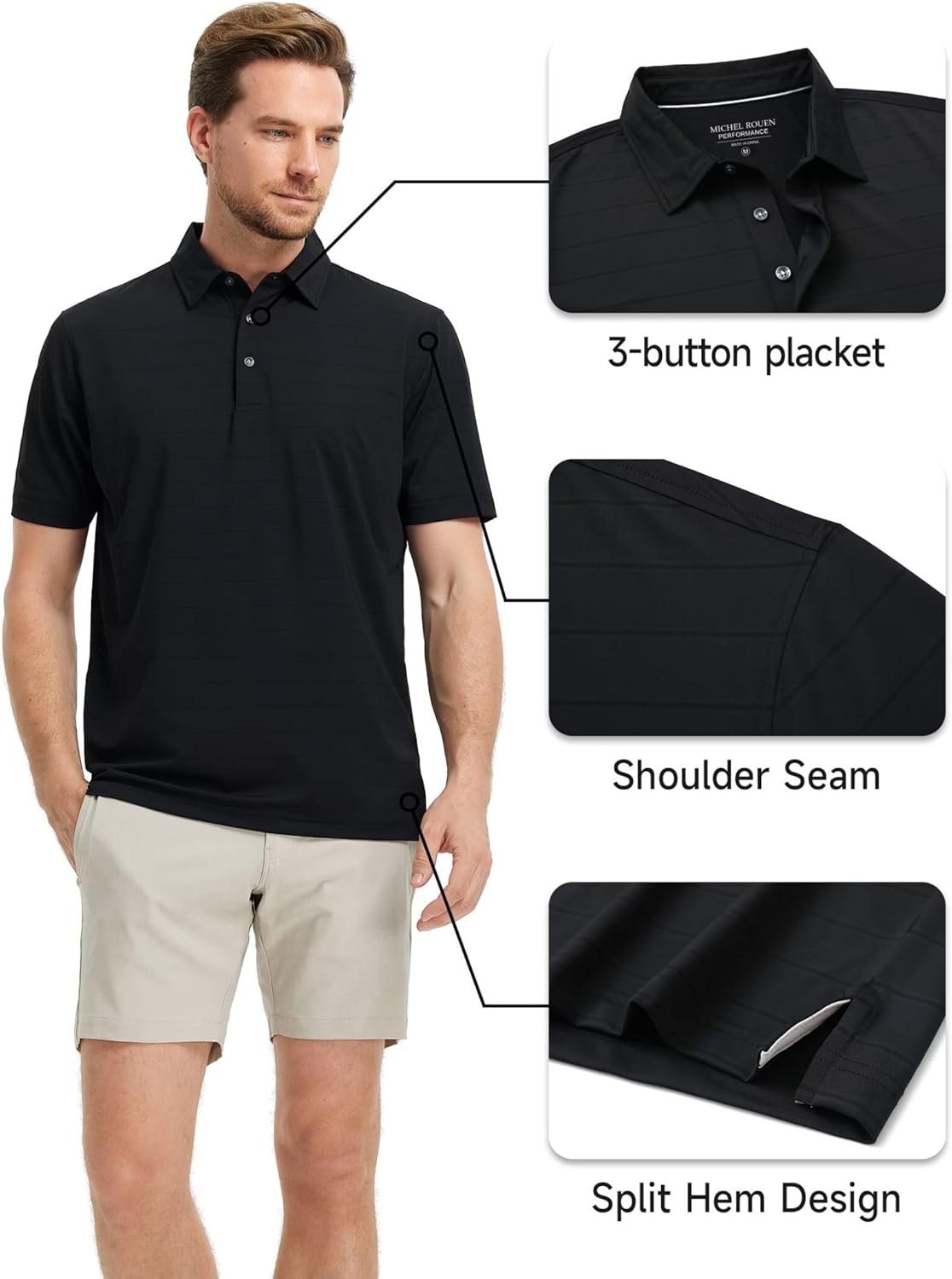 Rouen Polo Shirts for Men Dry Fit Performance Heather Stripe Golf Polo Moisture Wicking Lightweight Breathable Golf Shirts