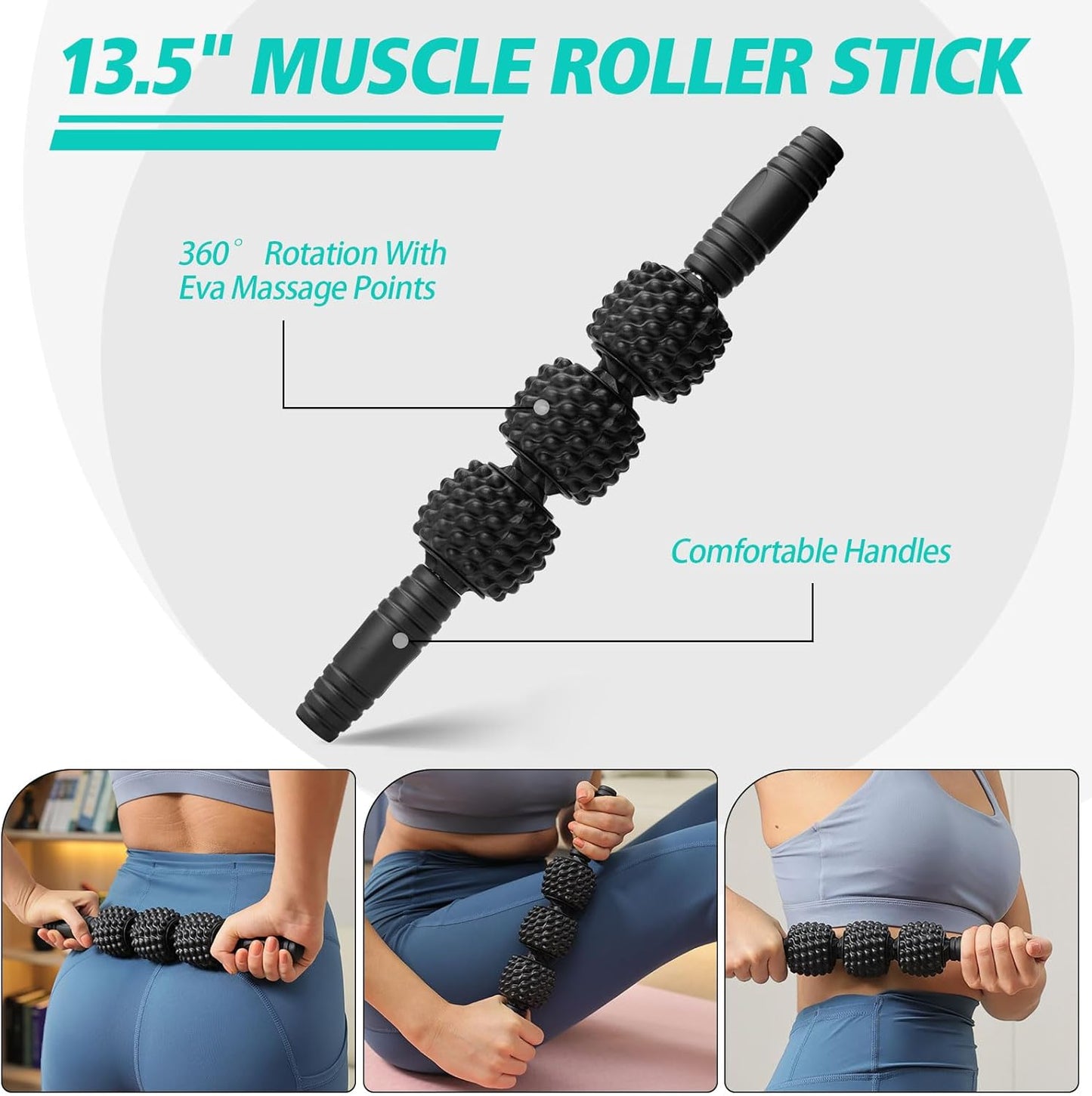 5-in-1 Foam Roller Set, Massage Roller Stick, Massage Ball, Resistance Band for Deep Muscle Massage, Trigger Point Release, Pilates, Yoga (Black-Wave)