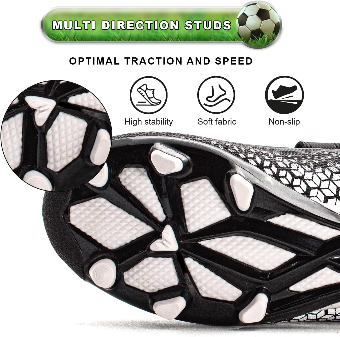 RUNIC Kids Soccer Cleats for Boys and Girls - Small and Big Kid Athletic Outdoor Football Shoes - Firm Ground - Hook and Loop Closure - Black/Gold