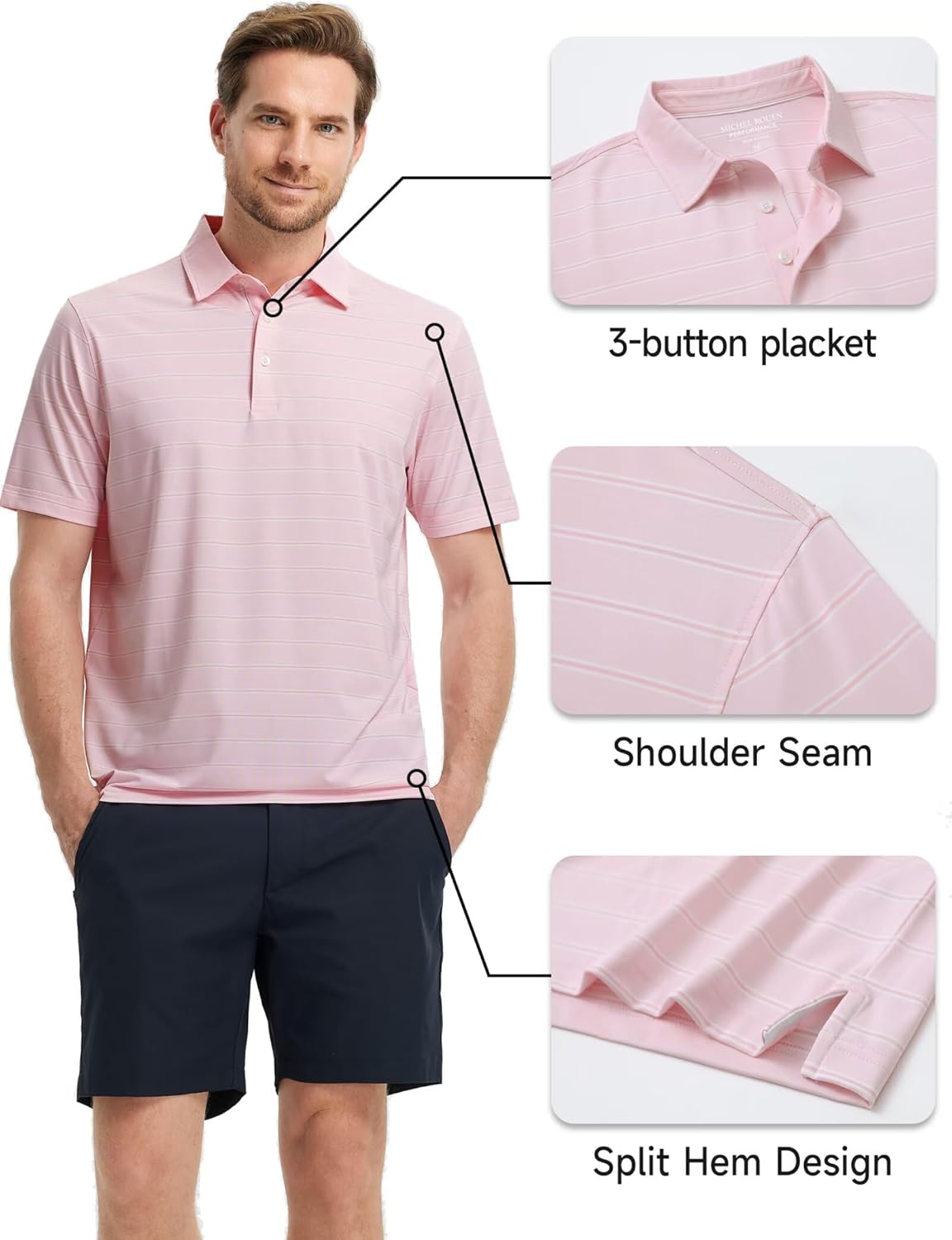 Rouen Polo Shirts for Men Dry Fit Performance Heather Stripe Golf Polo Moisture Wicking Lightweight Breathable Golf Shirts