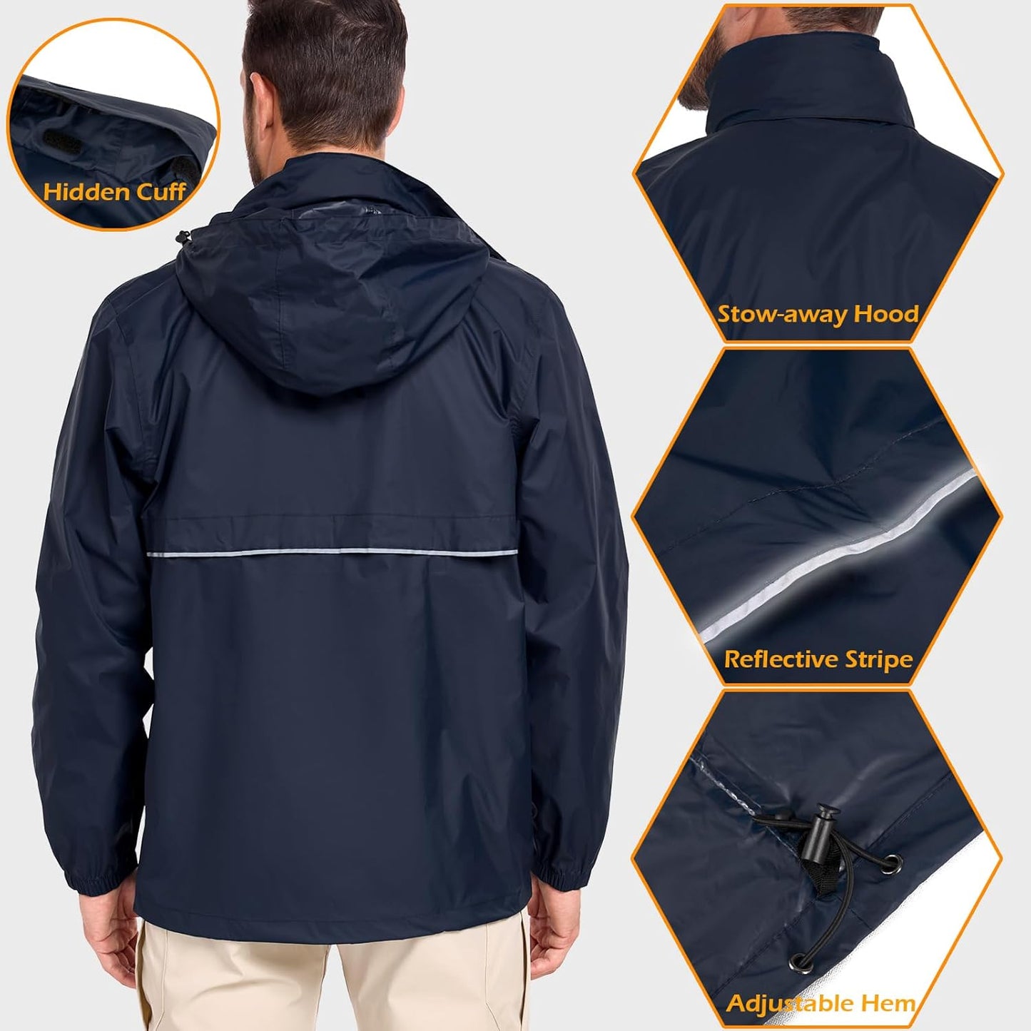 MANSDOUR Men's Packable Rain Jacket Waterproof Lightweight Windbreaker Cycling Golf Hiking Reflective Raincoat with Hood