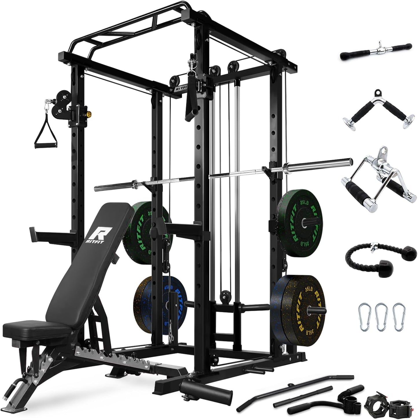 RitFit Power Cage with Optional LAT PullDown/Cable Crossover, 1000LB Squat Rack for Home & Garage Gym, with Weight Storage Rack and More Training Attachments, ASTM-Certified