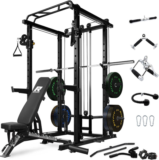 RitFit Power Cage with Optional LAT PullDown/Cable Crossover, 1000LB Squat Rack for Home & Garage Gym, with Weight Storage Rack and More Training Attachments, ASTM-Certified