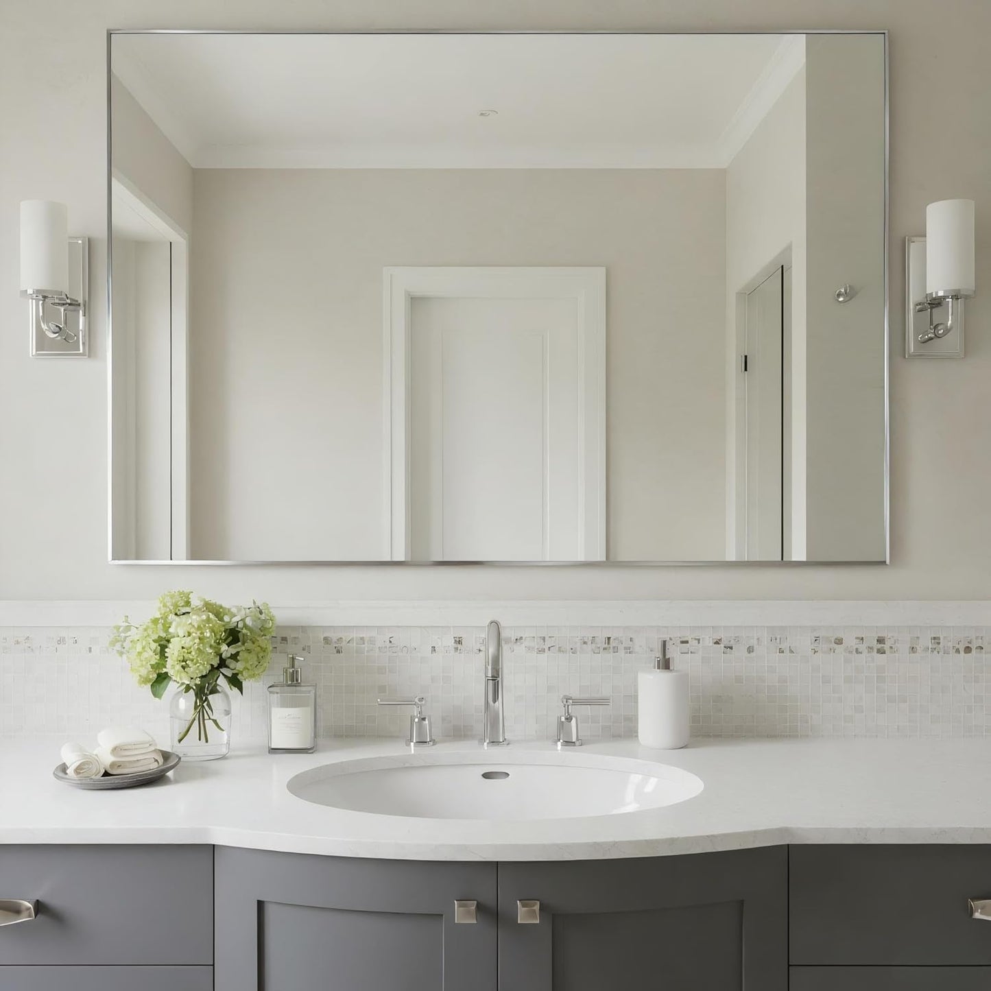 30x40 Inch Nickel Bathroom Mirror for Wall, Aluminum Frame Rectangle Rectangular Vanity Mirror, Modern Large for Bedroom, Living Room, Horizontal or Vertical