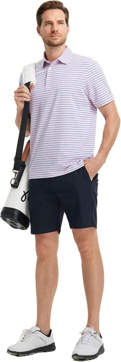 Rouen Mens Polo Shirts Short Sleeve Dry Fit Performance Moisture Wicking Causal Striped Polo Collared Golf Shirts for Men