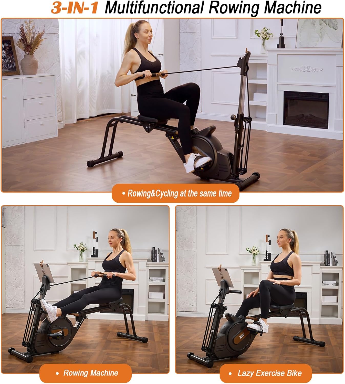 3 in 1 Rowing Machine, Dual Slide Rail 6-Level Adjustable Height with Max 350lb Weight Capacity, Home Fitness Rower for Full Body Workout, App Compatible