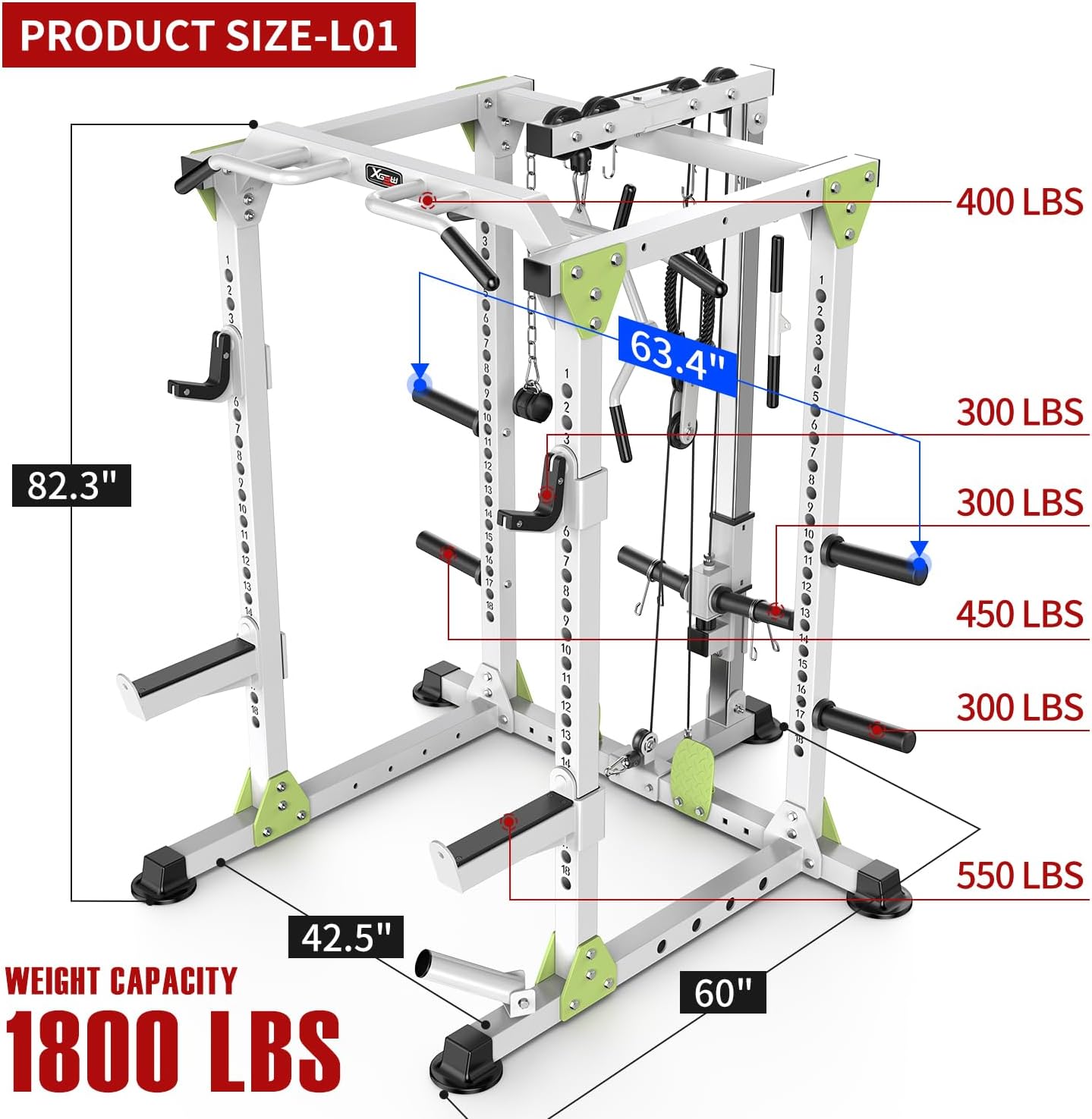 Power Rack Power Cages Multi-Function Squat Rack with Cable Crossover System Selectable More Training Attachment Weight Cage for Garage & Home Gym