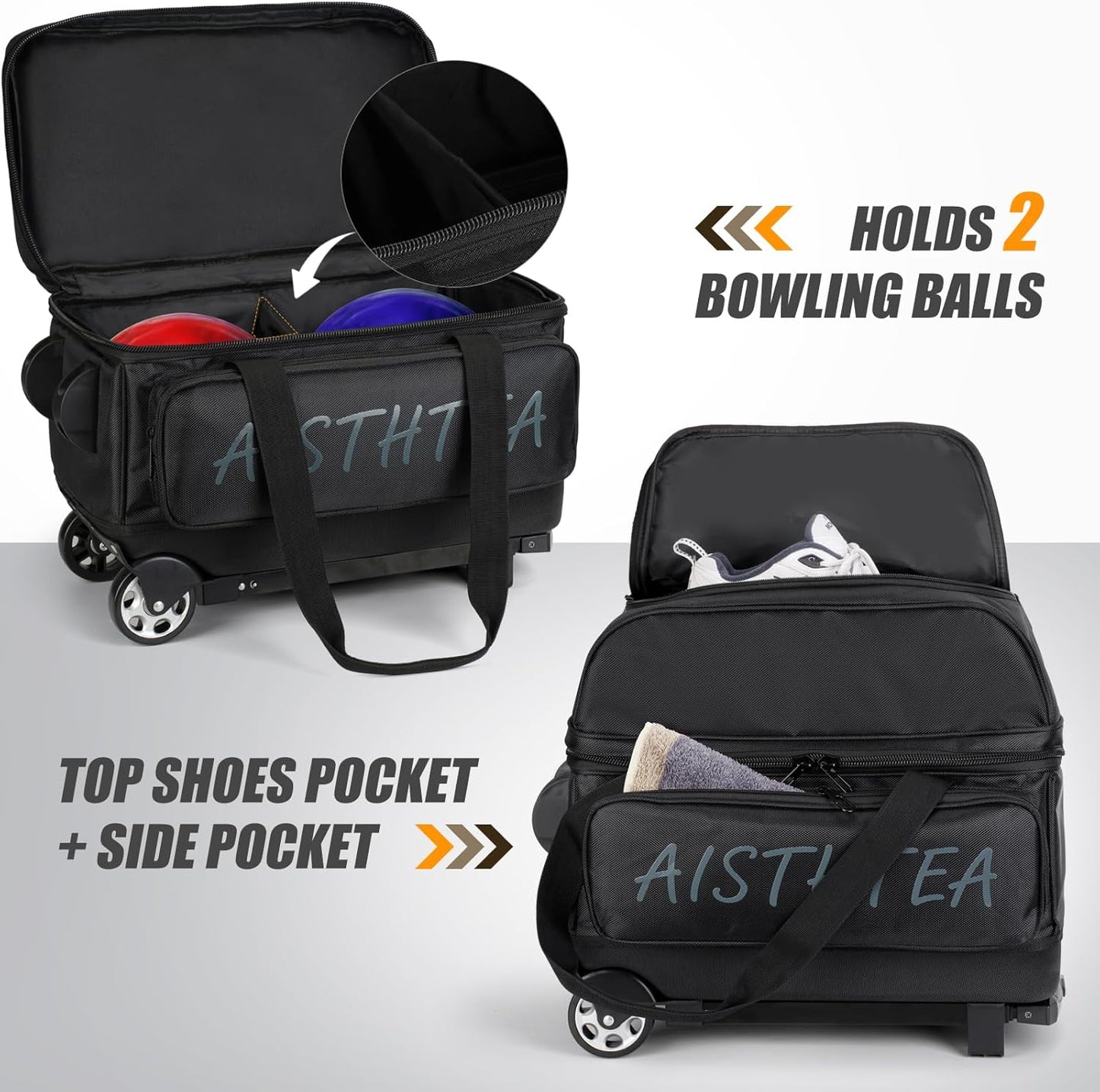 2-3 Ball Bowling Bag with Wheels, Rolling Trolley Bowling Bags with Large Separate Shoe Compartment and Oversized Accessory Pocket